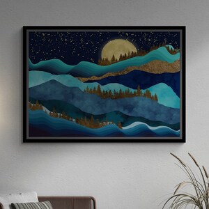 Gold Forest Landscape Wall Art, Landscape Framed Canvas, Starry Night Landscape Canvas, Moon Art, Starry Sky Wall Art, Black Framed Canvas