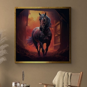 Abstract Horse Framed Canvas, Horse Wall Art, Contemporary Artwork, Illustration Wall Art, Animal Painting, Farmhouse Gold Framed Canvas