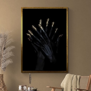 Golden Woman Fingers Framed Canvas, Black Woman Hands Wall Art, Dark Photo Canvas, Woman Wall Art, Gold Glitter Canvas, Silver Framed Canvas