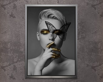 Blonde Hair Woman Wall Art, Butterfly Woman Face Framed Canvas, Golden Make-Up Woman Wall Art, Cool Woman Canvas, Black Framed Canvas