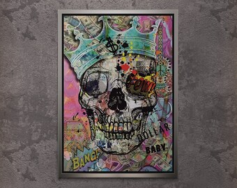BANKSY Skull Graffiti Wall Art, King Skull Framed Canvas, Banksy King Graffiti Canvas, Skeleton Graffiti Art, Banksy Silver Framed Canvas