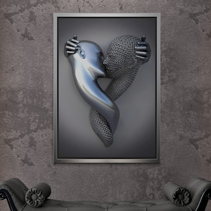 Metallic Kissing Framed Canvas, Silver Metallic Couple Wall Art, Metallic Love Canvas, Silver Metallic Heads Wall Art, Silver Framed Canvas