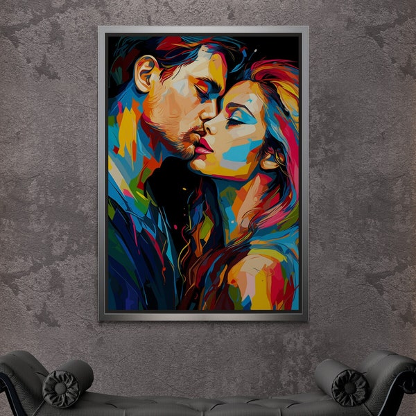 Abstract Kissing Framed Canvas, Romantic Couple Wall Art, Lovers Art, Colorful Canvas, Lovers Wall Art, Kissing Couple Silver Framed Canvas