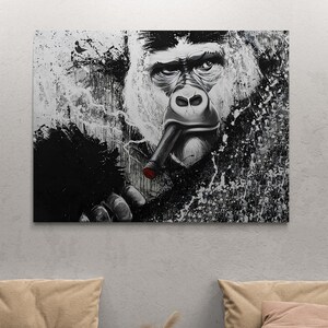 Affe Wandkunst, Gorilla gerahmte Leinwand, große Wandkunst, alte Affe Leinwand, Affe gerahmte Leinwand, Tier Wandkunst, silbergerahmte Leinwand