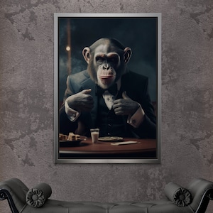 Animal Framed Canvas, Monkey In Suit Canvas, Monkey Wall Art, Boss Monkey Artwork, Fun Monkey Canvas, Large Wall Art, White Framed Canvas