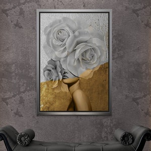 Rose Head Woman Framed Canvas, Flower Woman Wall Art, Gold and White Canvas, Abstract Woman Canvas, White Rose Wall Art, Black Framed Canvas