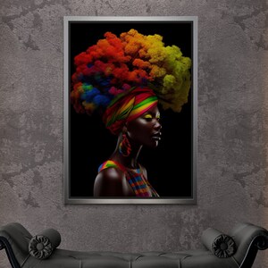 African Woman Framed Canvas, Woman Wall Art, Rainbow Woman Canvas, Curly Woman Wall Art, Treehead Woman, Abstract Silver Framed Canvas