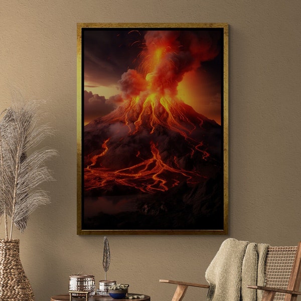 Volcanic Eruption Wall Art, Magma Framed Canvas, Volcanic Blast Artwork, Natural Events Canvas, Lava Flow Art, Large Black Framed Canvas