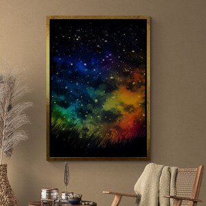 Starry Sky Wall Art, Colorful Sky Framed Canvas, Night Landscape Wall Art, Nature Wall Art, Starry Night, Landscape Silver Framed Canvas