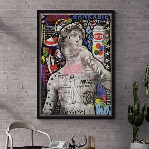 Banksy Statue of David Framed Canvas, Statue of David Graffiti Wall Art, Banksy Graffiti Canvas, Street Graffiti Art, Black Framed Canvas