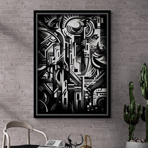 Geometric Line Wall Art, Abstract Shapes Canvas, Shapes Artwork, Retna Style, Abstract Wall Art, Black and White Canvas, White Framed Canvas