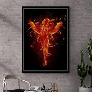 Angel Wings Framed Canvas, Phoenix Girl Wall Art, Fire Angel Woman Canvas, Fire Angel Wall Art, Large Wall Art, Black Framed Canvas