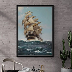 Sailing Ship Wall Art, Seascape Framed Canvas, Ship Wall Art, Wavy Sea Canvas, Ship Canvas, Rowing Boat Rolled Canvas, Silver Framed Canvas