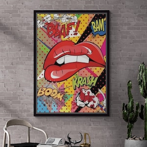 BOOM Pop Art, Tela incorniciata Pop Art colorata, Tela Pop Art Labbra, Pop Art in stile fumetto, Arte da parete Pop Art, BAM Pop Art, Tela incorniciata bianca