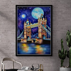 Tower Bridge London Framed Canvas, Tower Bridge Painting Wall Art, London Canvas, Landscape Wall Art, Cityscape Silver Framed Canvas
