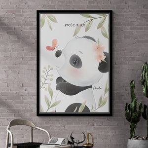 Baby Panda Wall Art, Panda Framed Canvas, Wall Art for Nursery, Cute Animals Canvas, Floral Animal Wall Art, Baby Panda Silver Framed Canvas
