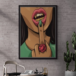 Vampire Wall Art, Woman Middle Finger Framed Canvas, Cartoon Pop Art, Woman Face Canvas, Vampire Woman Pop Art, Gold Framed Canvas