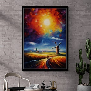 Windmill Oil Painting Framed Canvas, Abstract Wall Art, Farmhouse Decoration, Nature Canvas, Landscape Wall Art, Black Framed Canvas