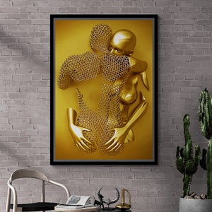 Golden Metallic Hugging Framed Canvas, Metallic Couple Wall Art, Metallic Love Canvas, 3D Effect Golden Metallic Art, White Framed Canvas