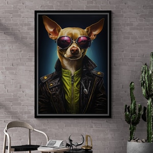 Dog Portrait Wall Art, Animal Framed Canvas, Dog in Leather Jacket, Large Wall Art, Dog with Glasses, Surreal Dog Silver Framed Canvas