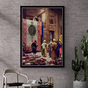 The Carpet Merchant Wall Art, Jean Leon Gerome Framed Canvas, Reproduction Wall Art, Orientalism Oil Painting Canvas, Gold Framed Canvas