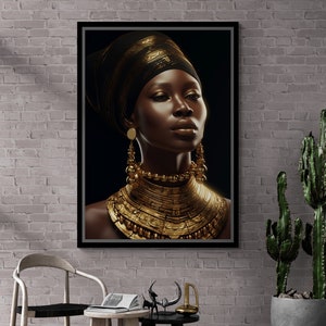 African Woman Wall Art, Gold Detailed Woman Framed Canvas, African Woman Portrait, Black Background Wall Art, Gold Art, Gold Framed Canvas
