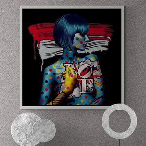 Naked Woman Framed Canvas, Pop Art Woman Wall Art, Sexy Woman Canvas, LOVE Pop Art, Graffiti Art, Abstract Woman White Framed Canvas