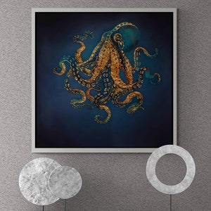 Octopus Wall Art, Octobus Framed Canvas, Luxury Canvas Art, Contemporary Wall Art, Animal Canvas, Gold Wall Art, Silver Framed Canvas