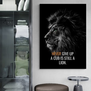 Lion Wall Art, Wild Animal Framed Canvas, Never Give Up Wall Art, Inspirational Canvas Artwork, Motivational Canvas, Silver Framed Canvas
