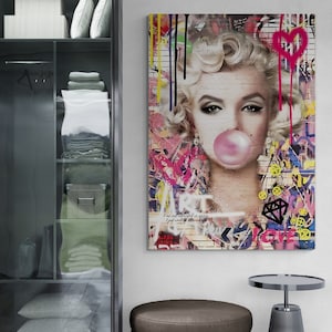 Marilyn Monroe Framed Canvas, Monroe Pink Bubble Gum Wall Art, Marilyn Monroe Canvas, Beautiful Woman Graffiti Wall Art, Black Framed Canvas