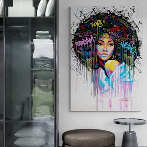 BANKSY Curly African Woman Graffiti Wall Art, Banksy Woman Graffiti Framed Canvas, Afro-American Woman Graffiti, Banksy Silver Framed Canvas