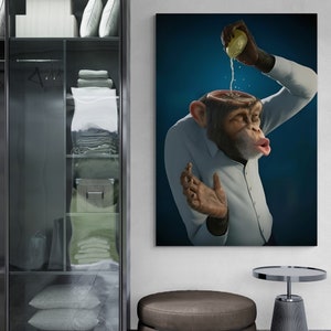 Affe Wandkunst, lustiger Affe gerahmte Leinwand, Humanoider Affe Kunstwerk, hirnloser Affe Leinwand, Tierleinwand, Mr Monkey Silver gerahmte Leinwand