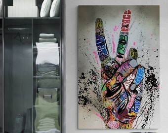 Banksy Graffiti Wall Art, Graffiti Victory Sign Framed Canvas, Banksy Wall Art, Hand Gesture Canvas, Banksy Graffiti Silver Framed Canvas