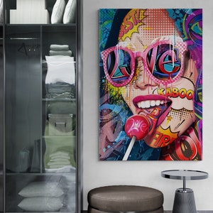 Licking Woman Wall Art, Smiling Sexy Woman Framed Canvas, Summer Style Woman Pop Art, Licking Lollipop Pop Art, White Framed Canvas