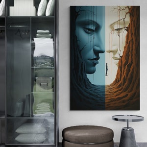 Surreal Couple Wall Art, Abstract Framed Canvas, Large Wall Art, Surreal Wall Art, Modern Artwork, Surreal Tree Canvas, Silver Framed Canvas