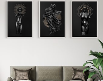 Black Woman Body Sculpture with Gold Details Set of 3 Canvas Wall Art, Modern Abstract Gold and Black Statue Framed Canvas, Home Decor