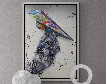 Banksy Graffiti Paper Plane Wall Art, Banksy Quote Framed Canvas, Graffiti Paper Plane, Graffiti Paper Plane Wall Art, Gold Framed Canvas