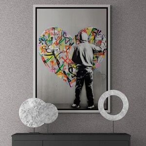 Graffiti Heart Wall Art, Banksy Graffiti Framed Canvas, Love Graffiti Wall Art, Love Street Art, Urban Style Canvas, White Framed Canvas