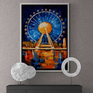 Amusement Park Framed Canvas, Oil Painting Wall Art, Kids Room Canvas, Colorful Ferris Wheel, Large Art, Ferris Wheel White Framed Canvas
