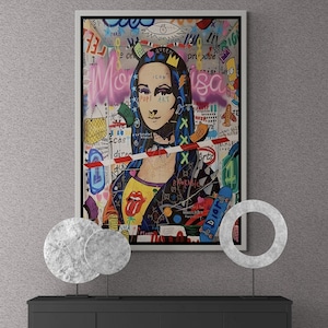 BANKSY Mona Lisa Graffiti Framed Canvas, Banksy Mixed Graffiti Art, Graffiti Pop Art, Mona Lisa Wall Art, Mona Lisa Gold Framed Canvas