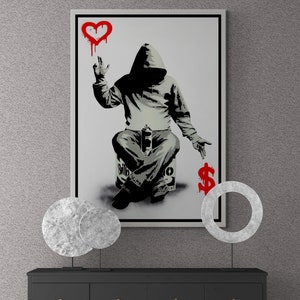 Banksy Love Over Money, Banksy Street Canvas, Banksy Wall Art, Banksy Mural Quate, Banksy Boy Wall Art, Banksy Love Art, Gold Framed Canvas