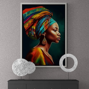 African Framed Canvas, African Woman Wall Art, Ethnic Wall Art, Woman with Colorful Scarf, Big Earrings, African Woman White Framed Canvas