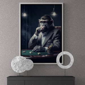 Tier Wandkunst, Spieler Affe gerahmte Leinwand, Boss Affe Kunstwerk, Affe Wandkunst, Abstrakte Affe Leinwand, Große Gold gerahmte Leinwand