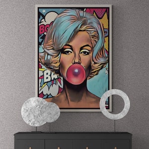 Marilyn Monroe Graffiti Framed Canvas, Marilyn Monroe Pop Art Wall Art, Marilyn Monroe Bubble Gum Canvas, Graffiti, Gold Framed Canvas