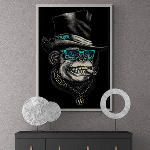 Affe gerahmte Leinwand, Humanoide Wandkunst, Tierkunstwerk, Zigarre Wandkunst, Goldene Zähne Leinwand, Illegaler Affe Wandkunst, Gold gerahmte Leinwand