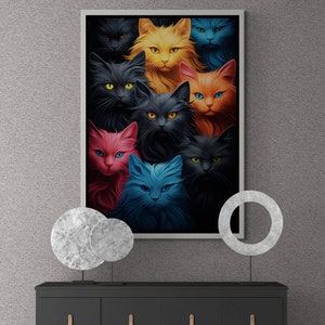 Colorful Cats Framed Canvas, Modern Wall Art, Cute Animals Canvas, Abstract Wall Art, Colorful Cats Artwork, Cats Black Framed Canvas