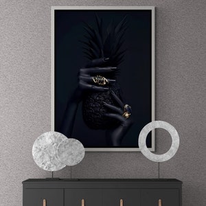 Black Woman Hand Wall Art, Black Pineapple Framed Canvas, African Woman Hand Wall Art, Black Canvas, Dark Photo Art, White Framed Canvas