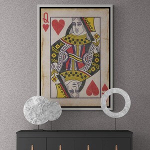 Queen of Hearts Wall Art, Playing Card Framed Canvas, Play Room Wall Art, Playing Card Queen, Vintage Style Canvas, White Framed Canvas