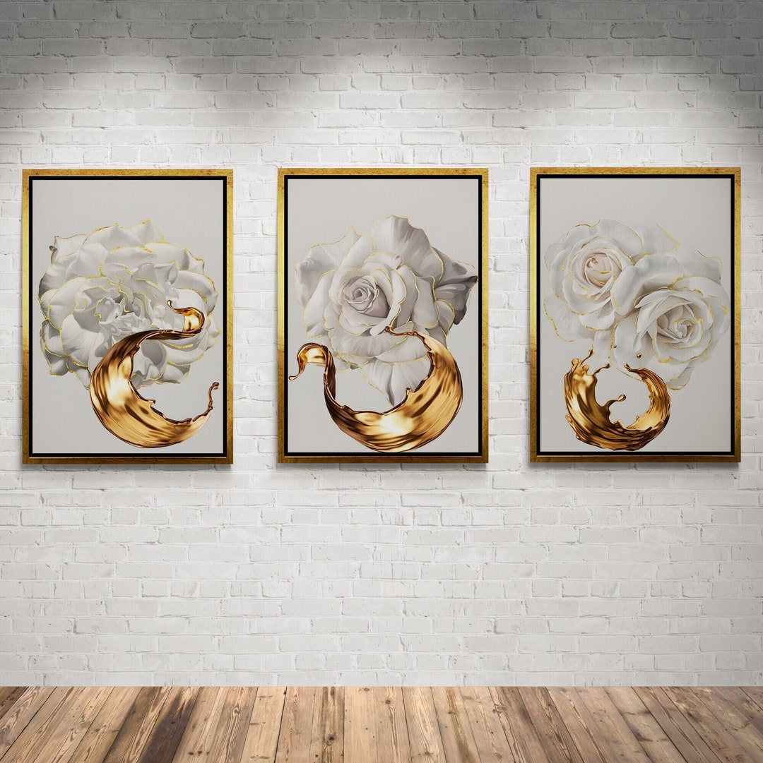 Set of 3 White Rose Framed Canvas, Gold Ink Splashing Wall Art, White