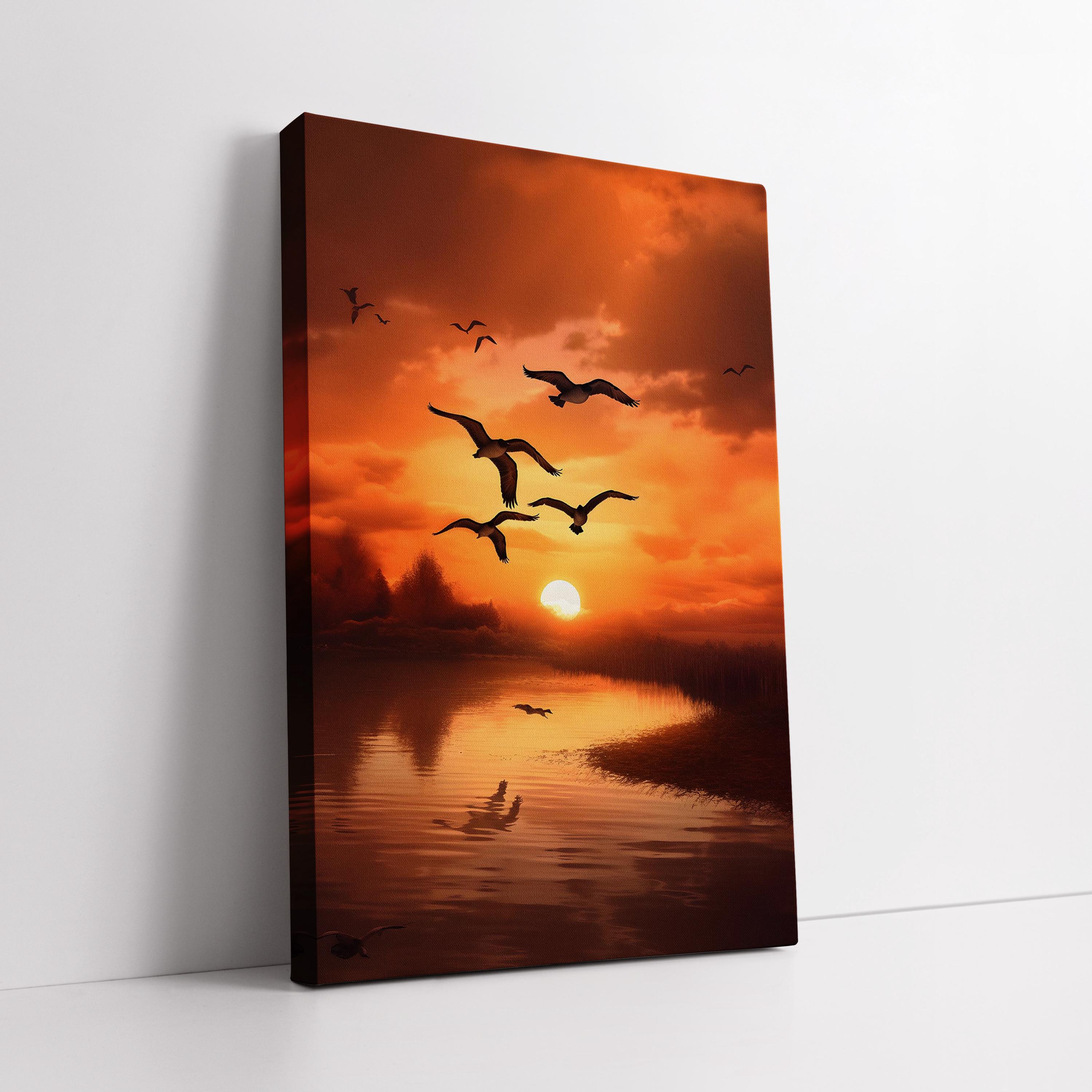 空飛ぶ鳥の夕焼けキャンバスウォールアート – 自由、穏やかさ、温かさ